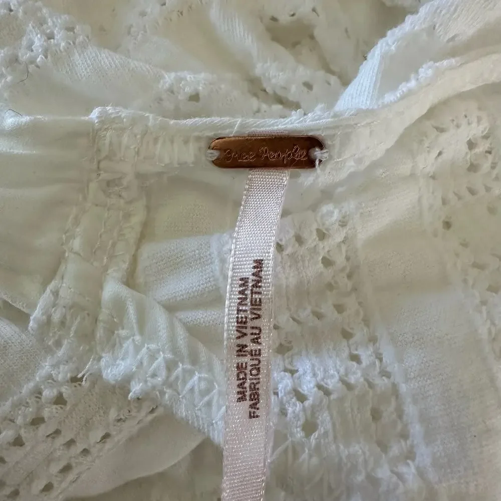 Free People S StarStruck white open back crop top Puff Shoulder eyelet lace bow